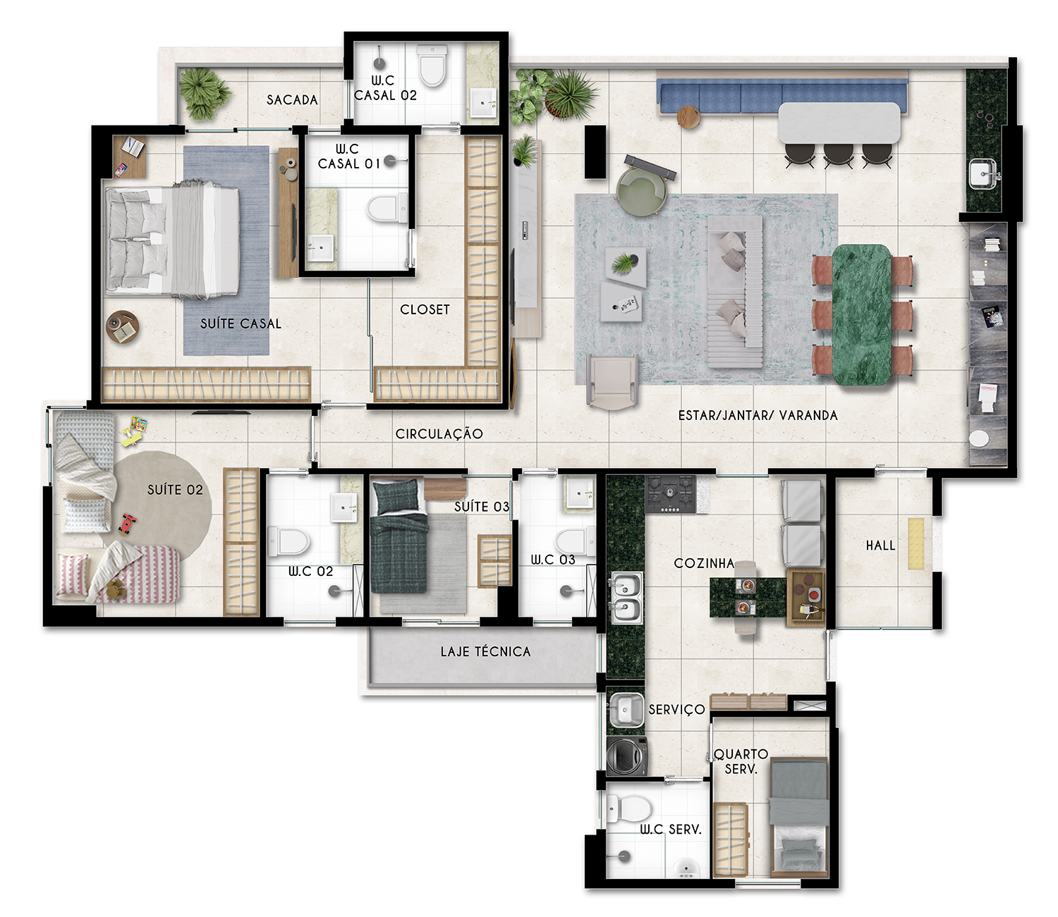 Apartamento tipo 3 suítes